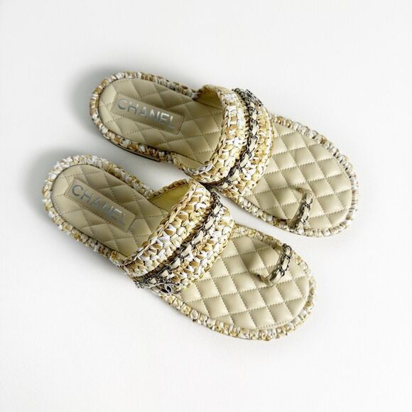 CHANEL Raffia Beige Leather Chain CC Logo Sandals Size 40 Open Toe Ring Slide - Picture 2 of 12